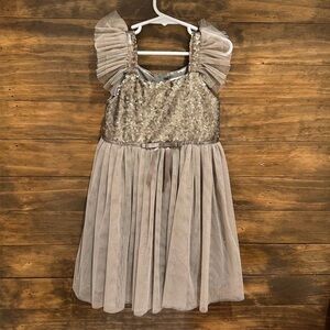 Bronze Sequin Dress with flutter sleeves and layered skirt